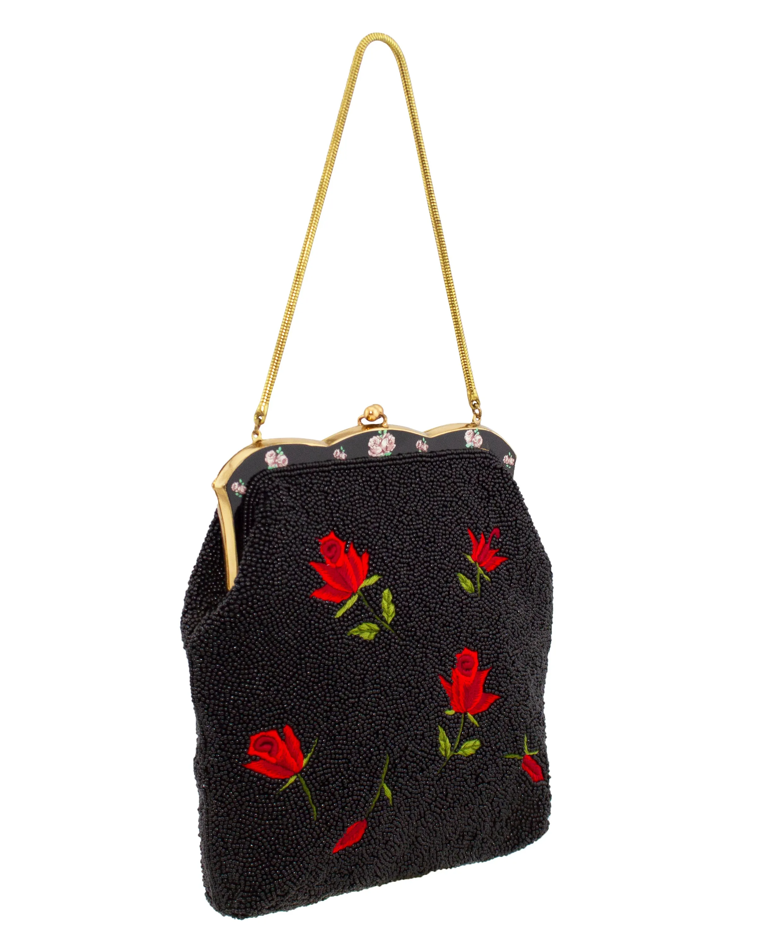 Black Beaded Evening Bag with Red Roses