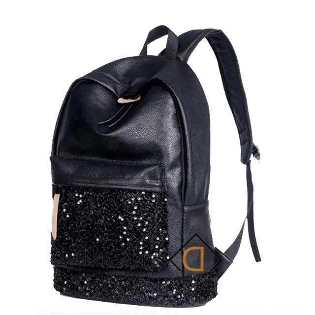 Black Bling Girls School Backpack with Large Capacity Embroidered sparkle Glitter Sequins