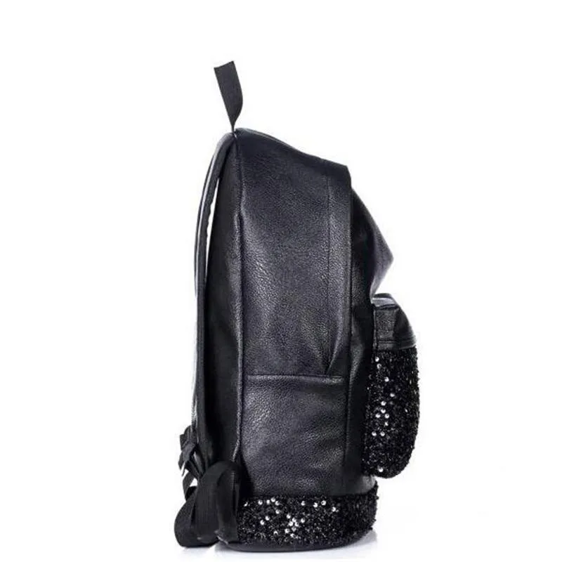 Black Bling Girls School Backpack with Large Capacity Embroidered sparkle Glitter Sequins