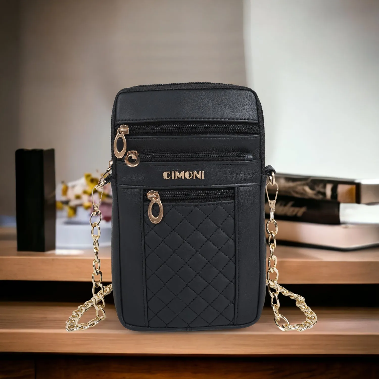 CIMONI Genuine Leather Stylish Elegant Unique Design Gold Chain Strap Crossbody Women Side Sling Bag