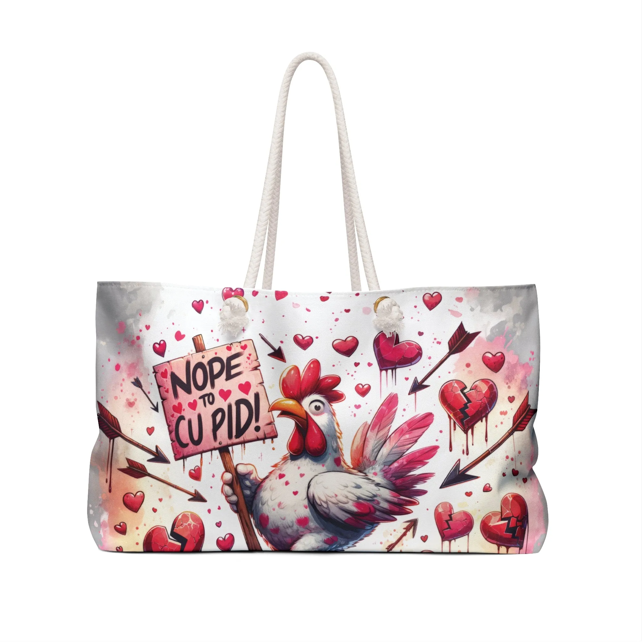 Personalised/Non-Personalised Weekender Bag, Chicken/Rooster, No to Cupid, Large Weekender Bag, Beach Bag, Book Bag