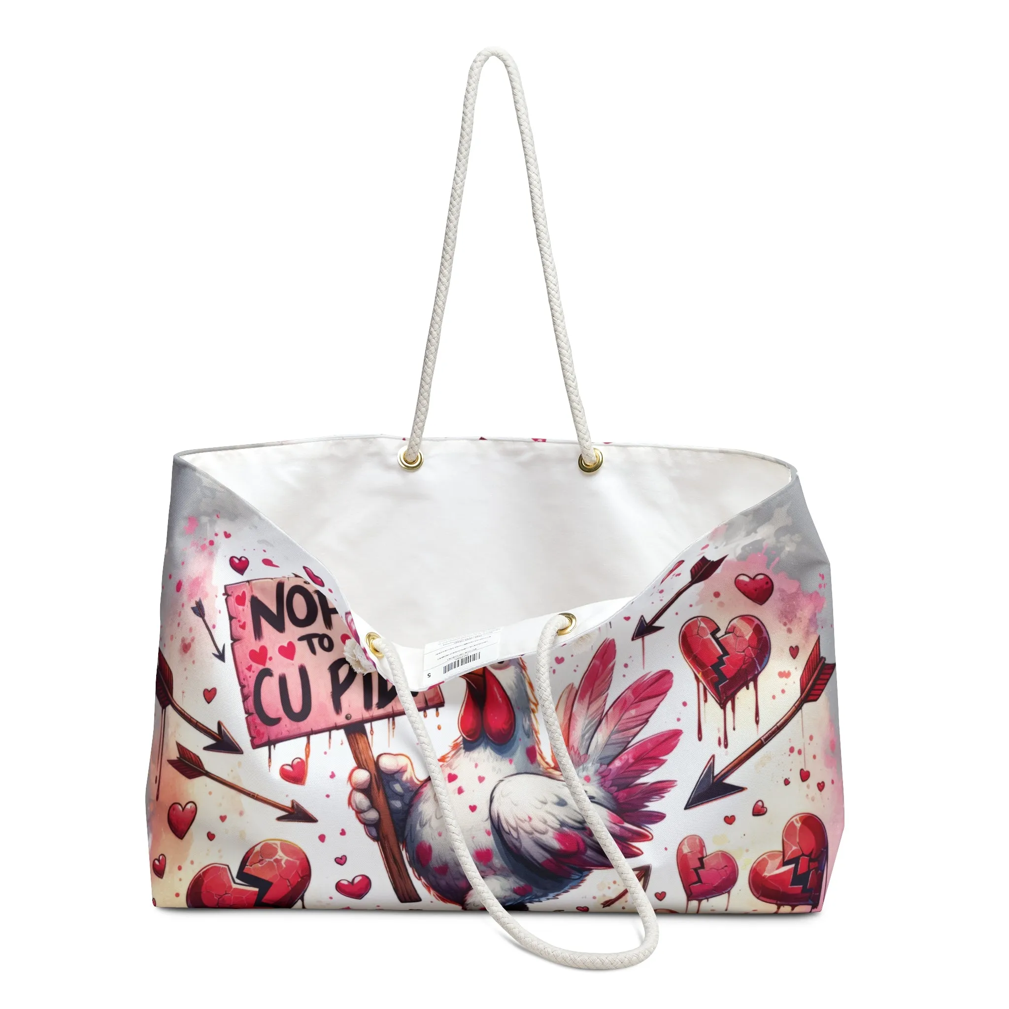 Personalised/Non-Personalised Weekender Bag, Chicken/Rooster, No to Cupid, Large Weekender Bag, Beach Bag, Book Bag