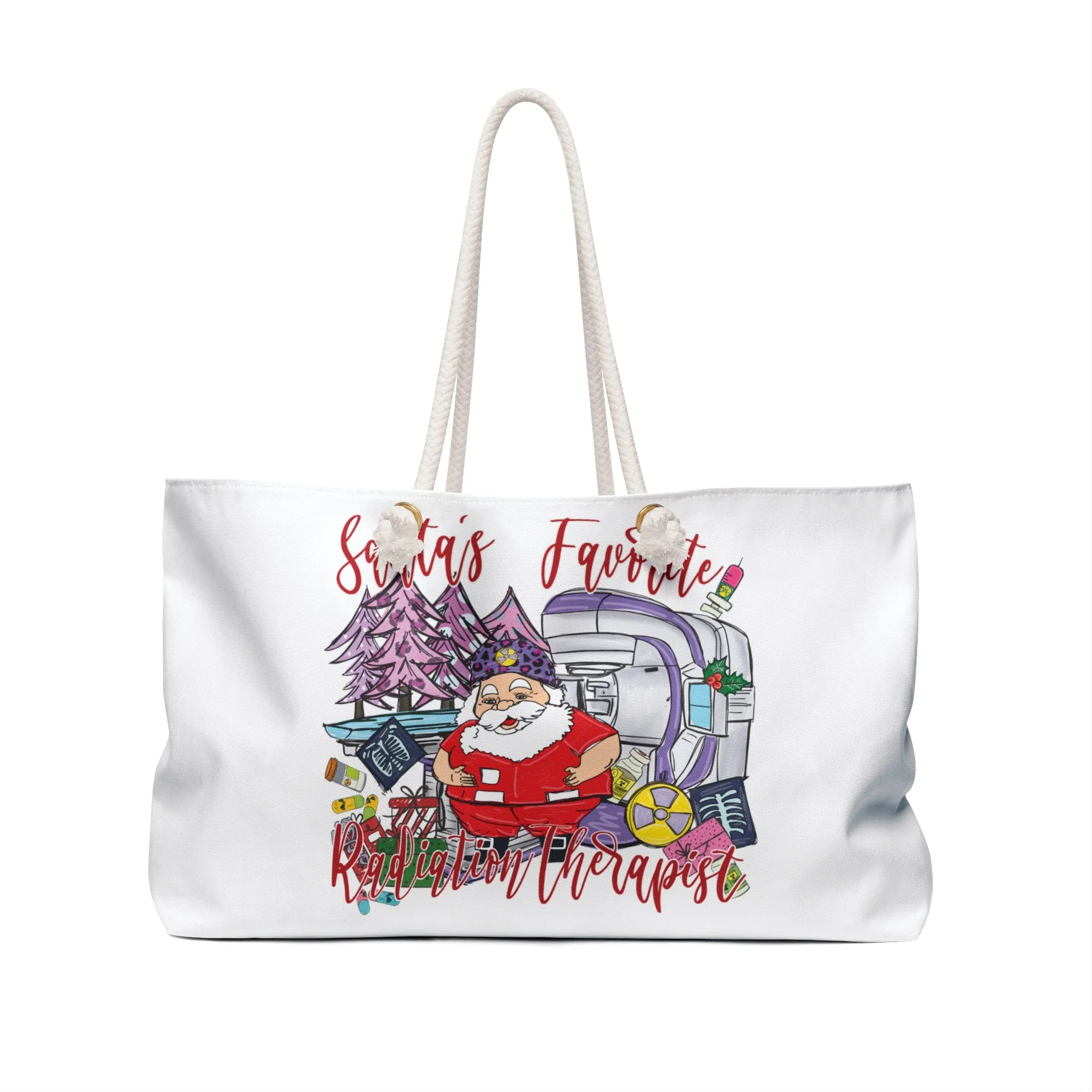 Personalised/Non-Personalised Weekender Bag, Santa's Favorite Radiation Therapist, Large Weekender Bag, Beach Bag, Book Bag