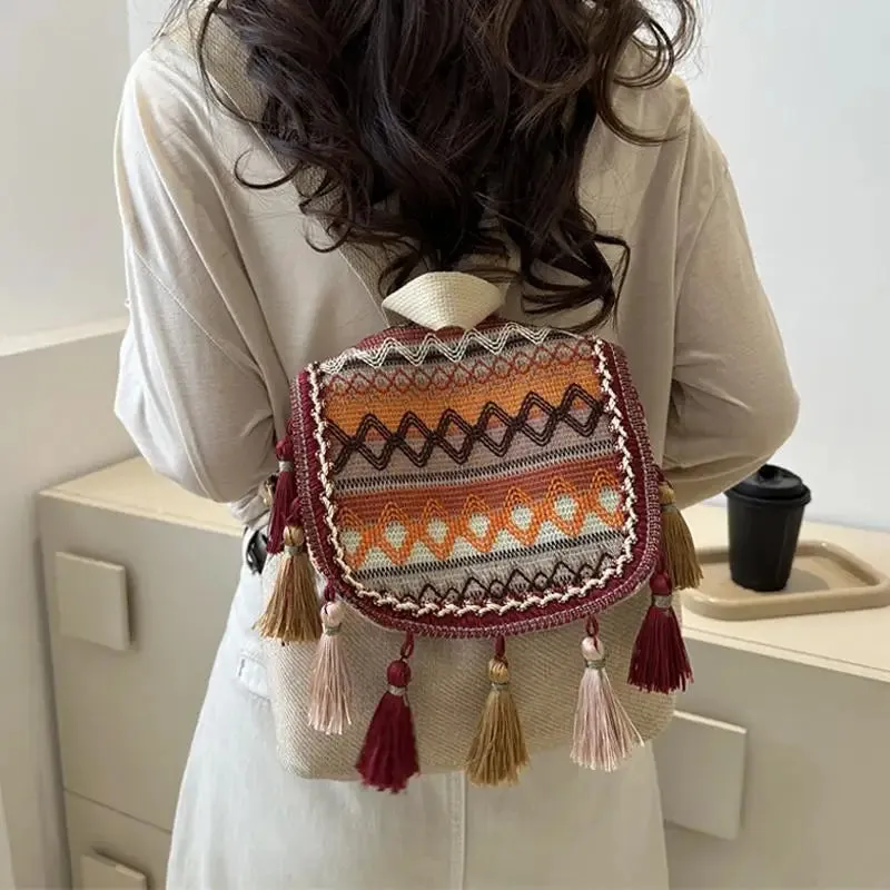 Sohiwoo Aesthetic Design Womens Backpack Fashion Tassels Small Canvas Bag Light Weight Versatile Backpack