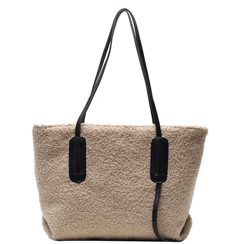 Sohiwoo Fuzzy Large Capacity Tote Bag Plush Top Handle Handbag Simple Versatile Shoulder Bag