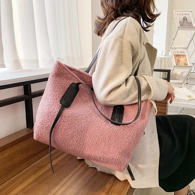 Sohiwoo Fuzzy Large Capacity Tote Bag Plush Top Handle Handbag Simple Versatile Shoulder Bag