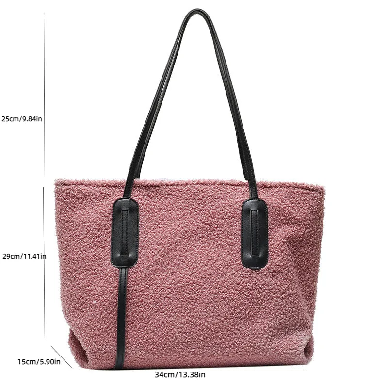 Sohiwoo Fuzzy Large Capacity Tote Bag Plush Top Handle Handbag Simple Versatile Shoulder Bag