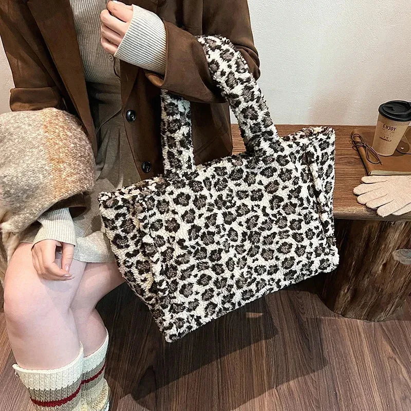 Sohiwoo Leopard Print Zipper Trendy Shoulder Bag High Quality Fashion Winter Velvet Crossbody Bag Soft Versatile Popular Plush Handbag