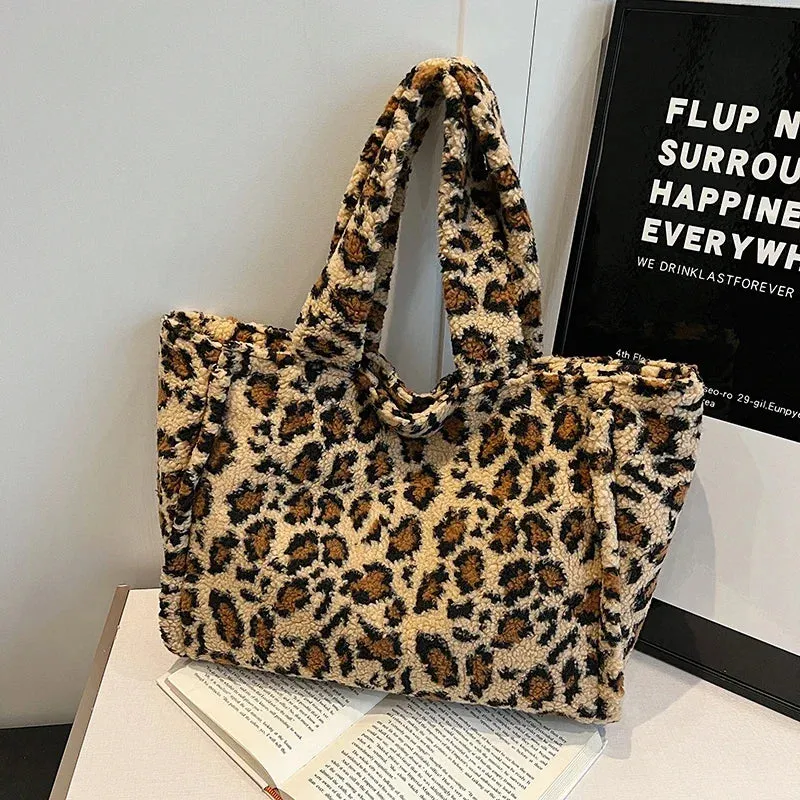 Sohiwoo Leopard Print Zipper Trendy Shoulder Bag High Quality Fashion Winter Velvet Crossbody Bag Soft Versatile Popular Plush Handbag