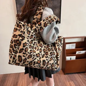 Sohiwoo Leopard Print Zipper Trendy Shoulder Bag High Quality Fashion Winter Velvet Crossbody Bag Soft Versatile Popular Plush Handbag