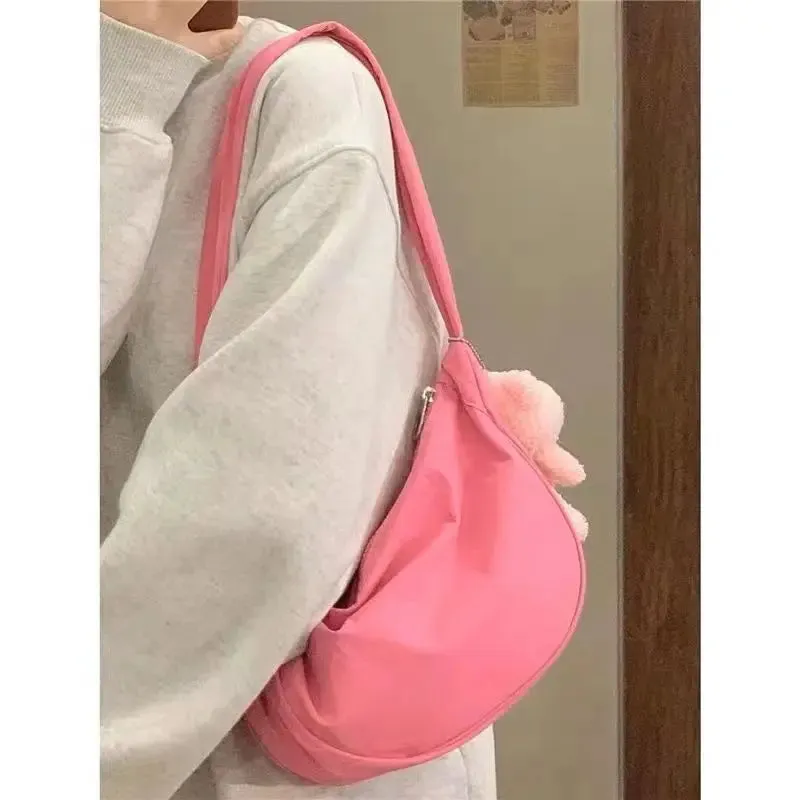 Sohiwoo Pink Womens Shoulder Bag Solid Colour Sweet Fsahion Korean Crossbody Bags Simplicity Casual Versatile Zips Ladies Bag