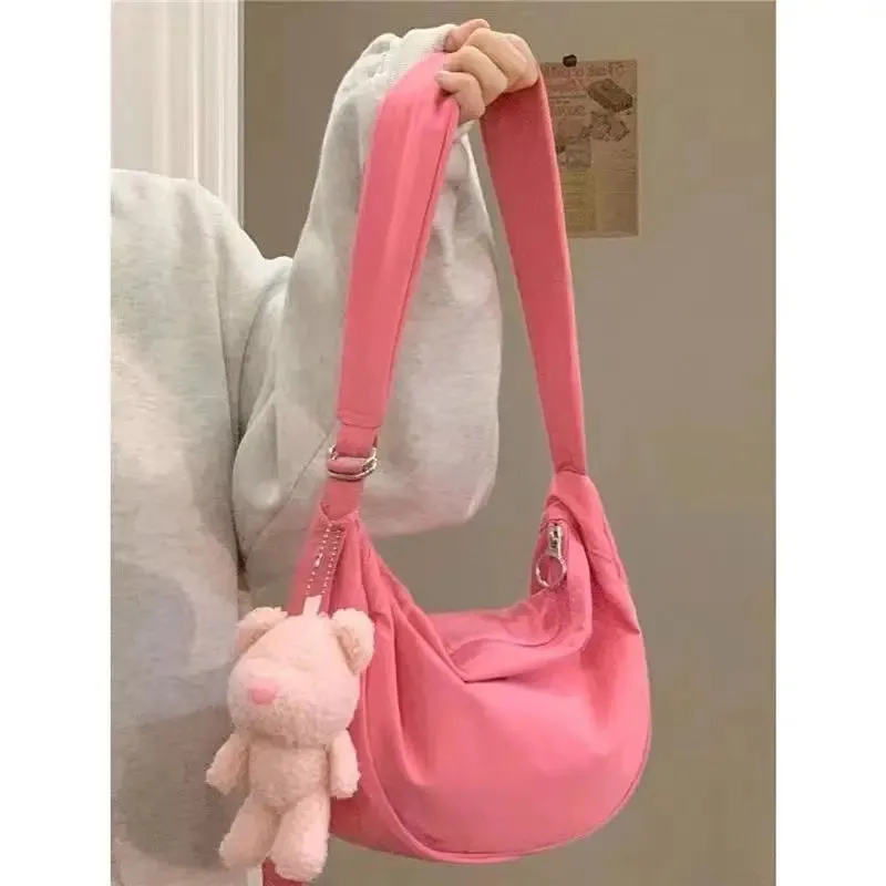 Sohiwoo Pink Womens Shoulder Bag Solid Colour Sweet Fsahion Korean Crossbody Bags Simplicity Casual Versatile Zips Ladies Bag