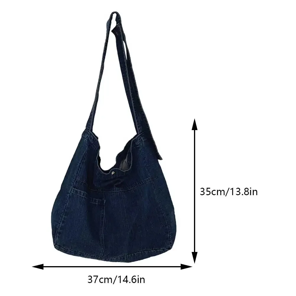 Sohiwoo Unisex Denim Tote Handbags Large Capacity Lightweight Satchel Versatile Jeans Shoulder Bags Casual Travel Shopping Underarm Bags