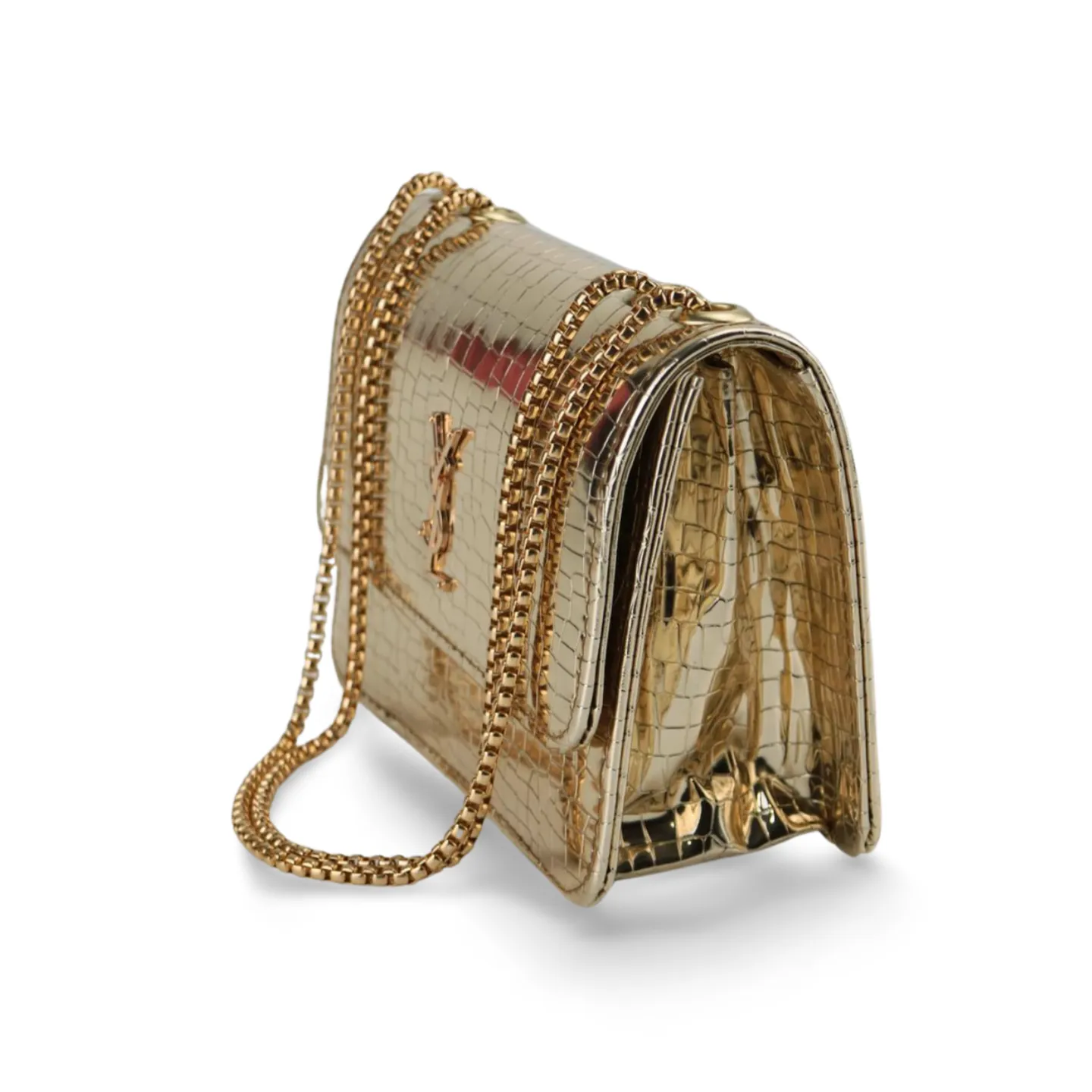 Stylish Metallic Croc Skin Crossbody Purse with Gold Chain