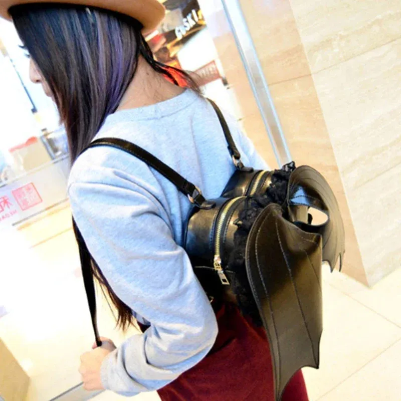 Trendy Gothic PU Dating Backpack Shopping Wing Daypack Bat Lace Bag