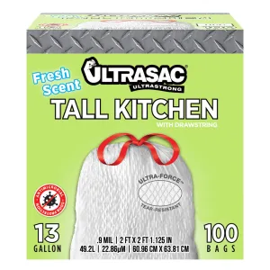 Ultrasac 13 Gallon 0.9 MIL Fresh Scent White Drawstring Tall Kitchen Trash Bags